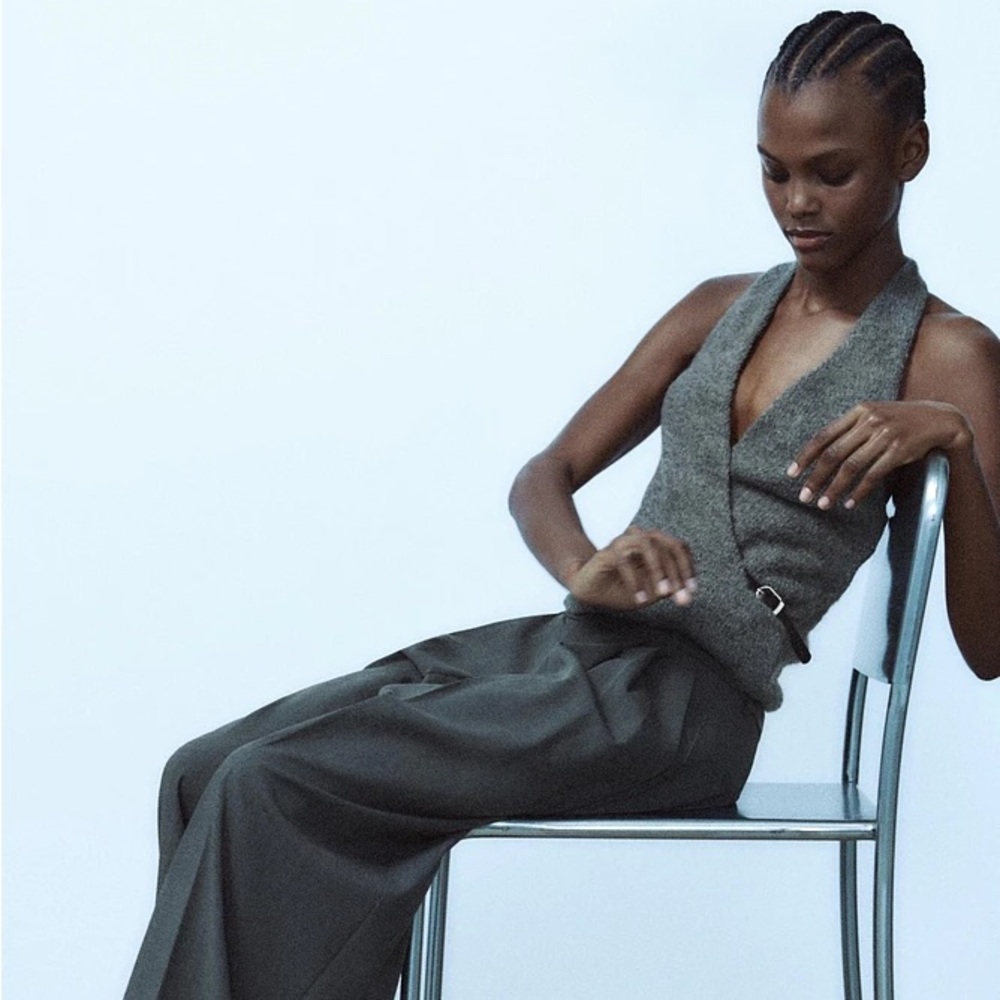 ZARA Gray Knit Halter Top with Buckle Detail